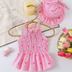 VESTIDO RALLADO CON ELASTICO Y SOMBRERO